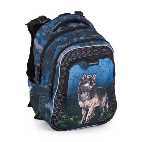 Trzykomorowy plecak szkolny z wyjmowanym pasem biodrowym – wilk