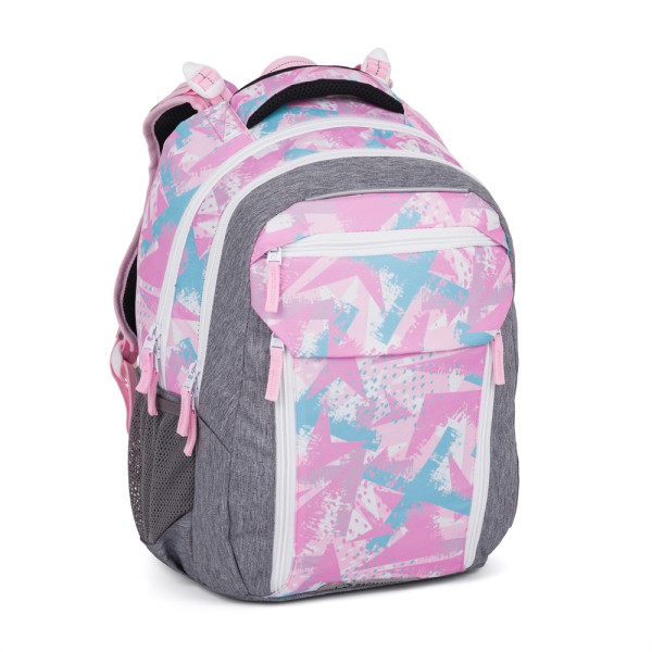 Dwukomorowy plecak szkolny z wyjmowanym pasem biodrowym – szaro-różowo-niebieski